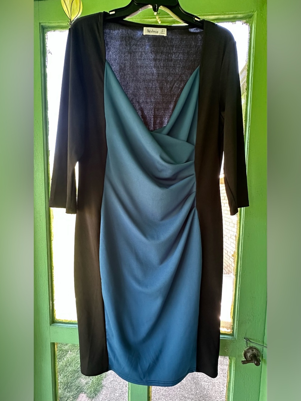 Nextmia Teal and Black Draped Midi Dress with Three-Quarter Sleeves